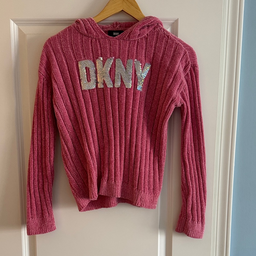 DKNY Soft Fuchsia Knit Hoodie with Silver Sequin Logo